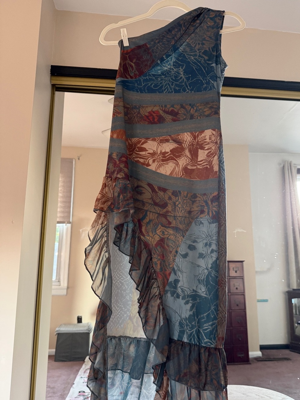 Asymmetrical Ruffled Floral Maxi Dress– Blue & Brown - Picture 4 of 10